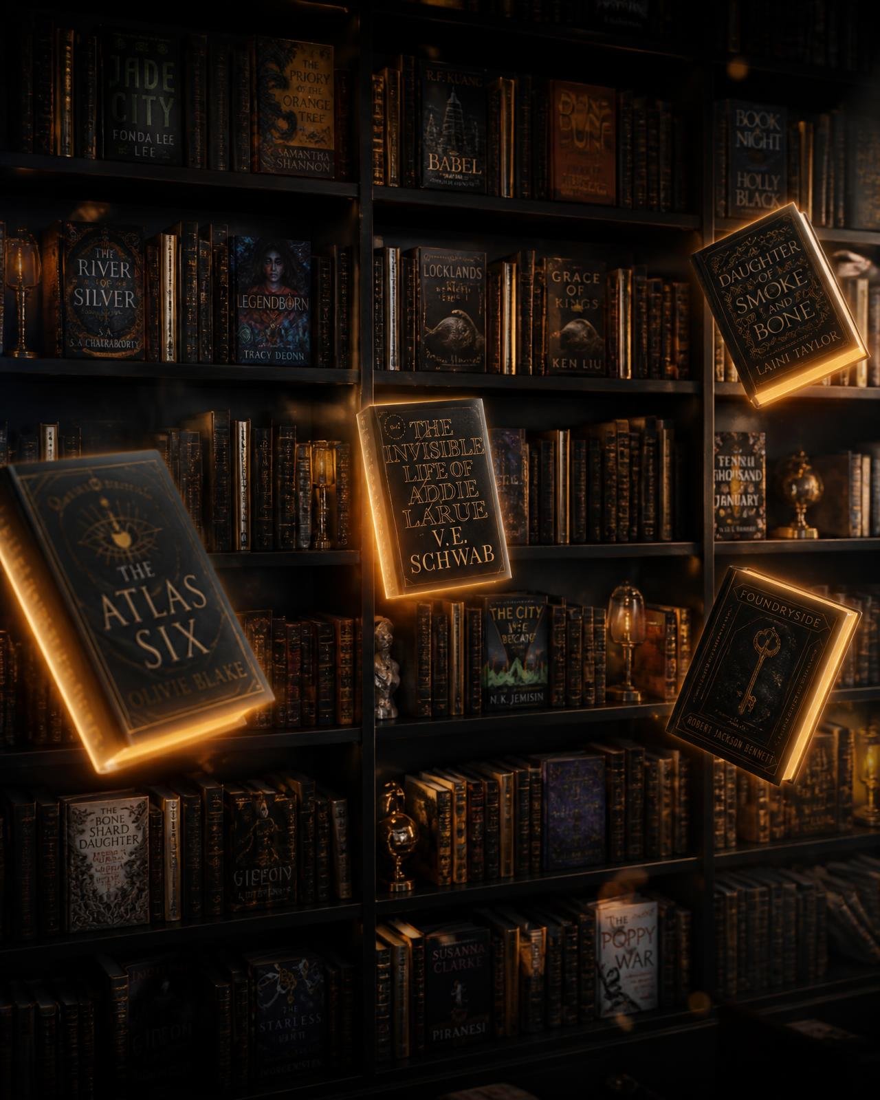 A dark bookshelf wall filled with glowing book covers